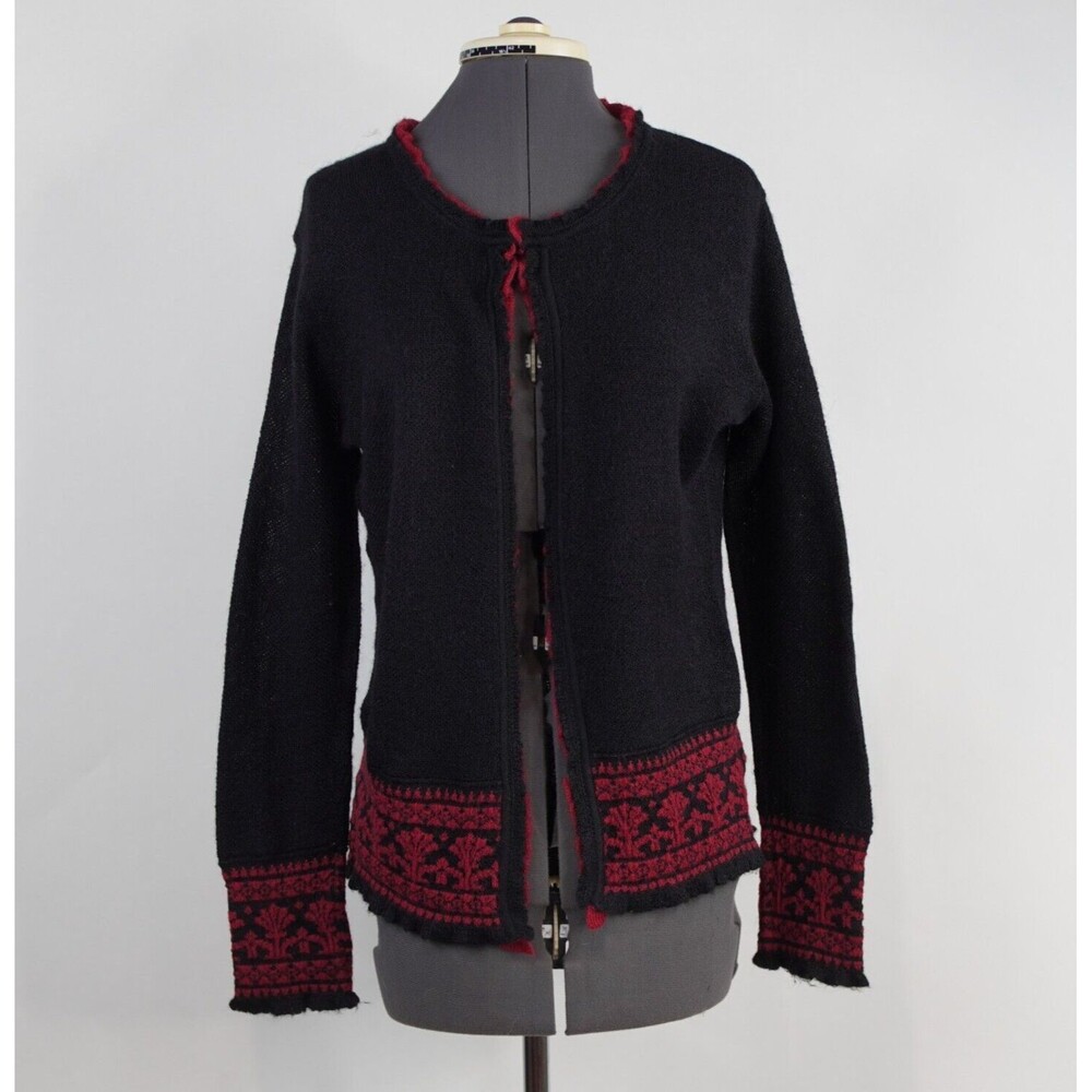MFH Knits Baby Alpaca Cardigan sz L Black Red Embroidery Sweater Peru Artisan